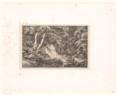 Boslandschap met wandelende vrouw en kind