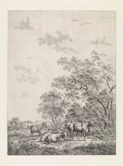 Boslandschap met zes koeien