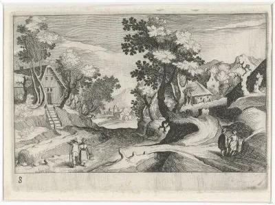 Bosrijk heuvellandschap met gebouwen en figuren