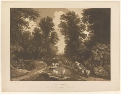 Bosrijk landschap met een pad en reizigers