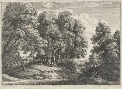 Bosrijk landschap met rustende herder