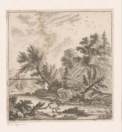 Bosrijk landschap met twee figuren op een brug