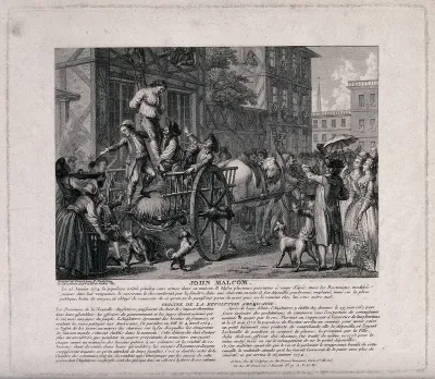 Boston, Massachusetts: John Malcolm, a customs official, is lowered by ropes from his house on to a cart and tarred and feathered by a crowd protesting against taxation