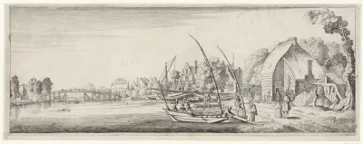 Boten bij een dorp aan een rivier