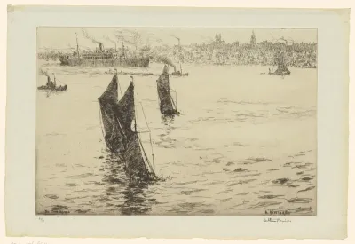 Boten en schepen varend langs een stad