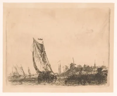 Boten op de Schelde met rechts een dorp met molen