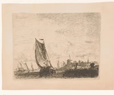 Boten op de Schelde met rechts een dorp met molen
