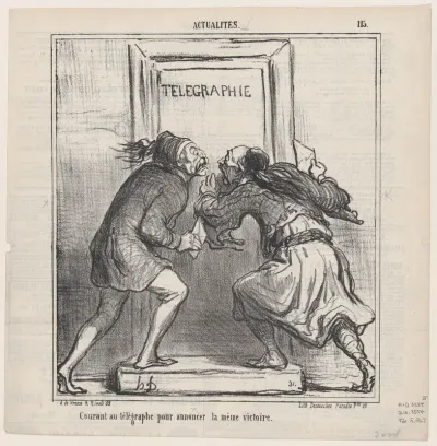 Both running to the telegraph office to announce the same victory, from "News of the Day"