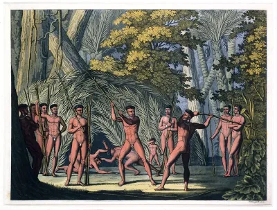 Botocudo people, Brazil, settling a dispute by combat with batons