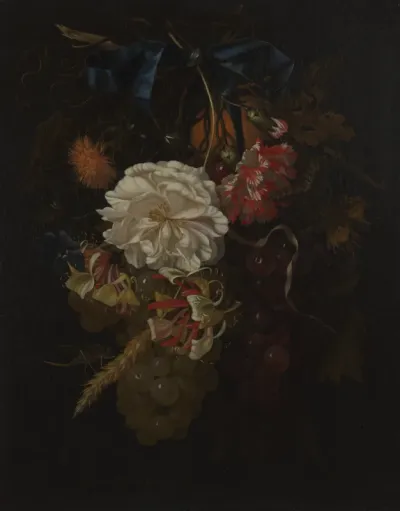 Bouquet of Flowers and Fruit with Blue Ribbon