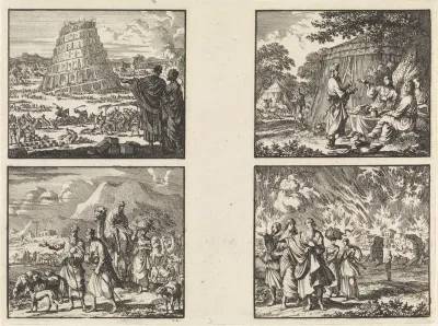 Bouw van de Toren van Babel / Abraham en Lot verlaten hun vaderland / Abraham ontvangt de drie engelen / Lot verlaat Sodom