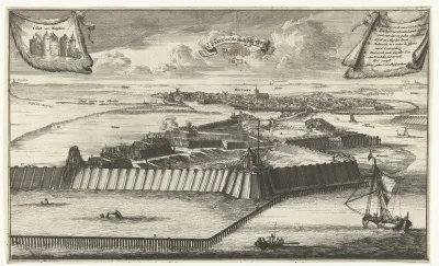 Bouwen van paalwerk en versterkte sluis bij Muiden, 1673