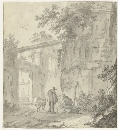 Bouwval van een antiek gebouw met een tekenaar, zijn metgezel en een hond