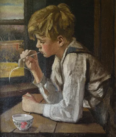 Boy Blowing Soap Bubble with Pipe.