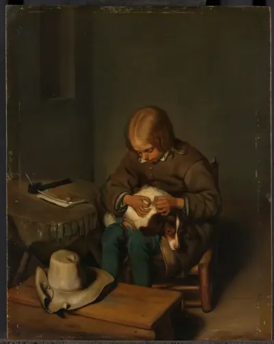 Boy Fleaing a Dog