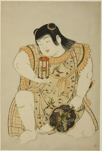 Boy Holding Hourglass and Chinese Fan