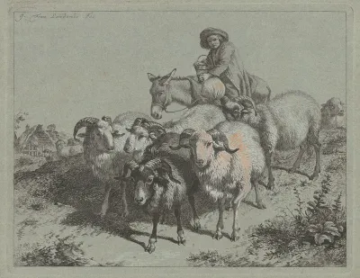 Boy on a Donkey Driving a Flock