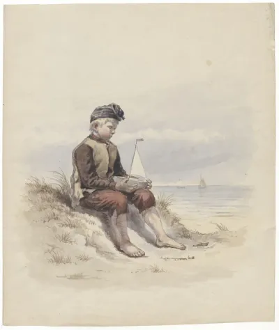 Boy sitting in the dunes, holding a miniature ship