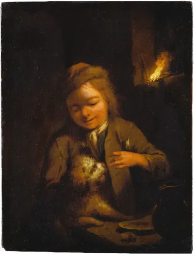 Boy Teasing a Dog: Nightscene Lit by Pinewood Torch