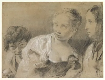 Boy with an Egg, Girl with a Hen, and a Watching Woman