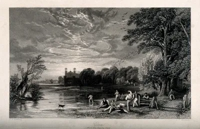 Boys bathing in the river by the playing fields, Eton College, Berkshire
