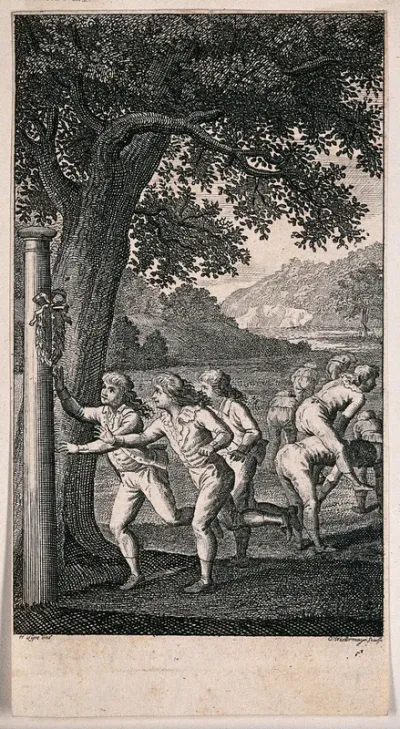 Boys runing a race to seize the winner's wreath while others are playing leapfrog