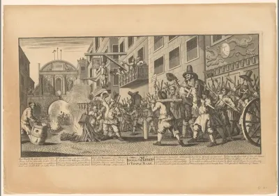 Boze menigte met beeltenis van Hudibras nabij de Temple Bar in Londen
