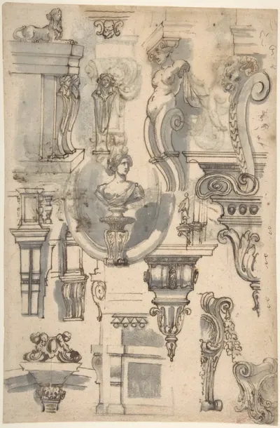 Brackets, Caryatids and other Architectural Details (recto and verso)