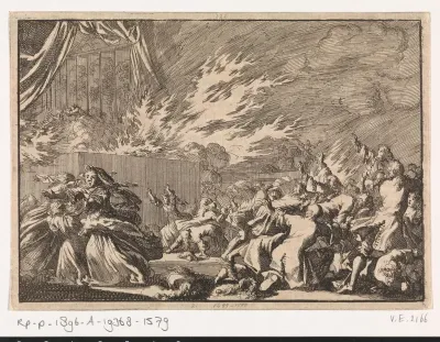 Brand van een houten loods waarin een toneelvoorstelling plaatsvindt naast het slot Amelienborg te Kopenhagen, 1689