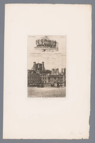 Brandend Palais de la Légion d'Honneur en ruïne van de Tuilerieën