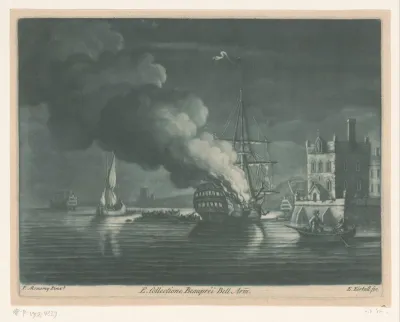 Brandend schip bij de haven