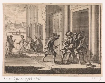 Brandewijnverkoper te Rome wordt door twee gerechtsdienaars gegrepen na het verlaten van de kerk Regina Coeli, 1687