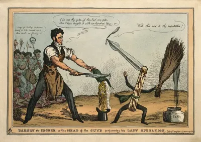 Bransby Blake Cooper, acquiring gold coins by his appointment to Guy's Hospital, is attacked by a lancet, representing the journal The lancet and its editor Thomas Wakley