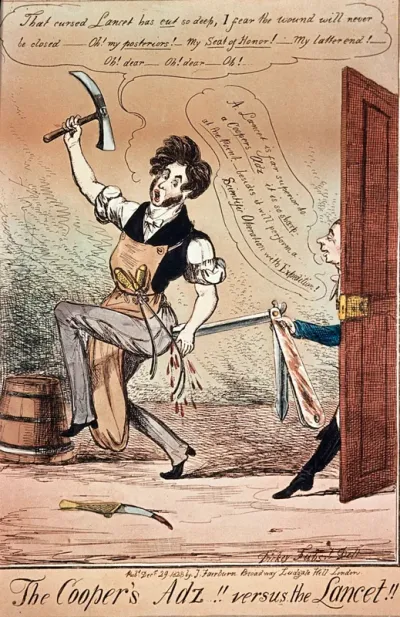 Bransby Blake Cooper: he is attacked by a man holding a giant lancet, representing the Lancet (medical journal)