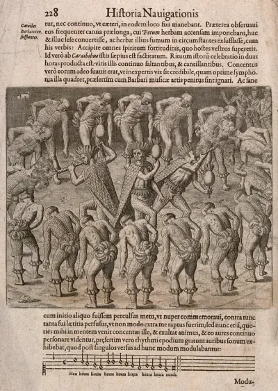 Brazil: Tupinamba Indian shamans (caraibes) wearing feather head-dresses surrounded by men dancing in a circle