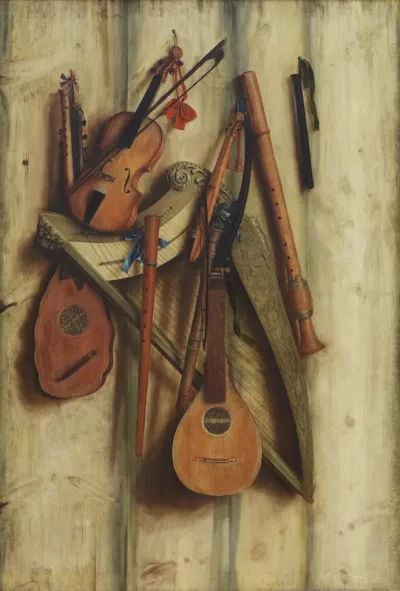 Bræddevæg med musikinstrumenter. Trompe l'oeil