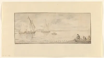 Brede rivier met zeilschepen en een roeibootje