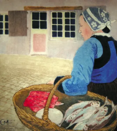Bretonische Bäuerin mit Fischen
