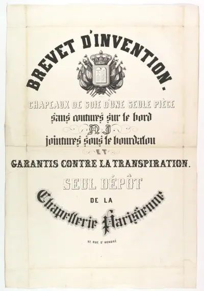 Brevet d'Invention, Chapeaux de soie d'une seule pièce...