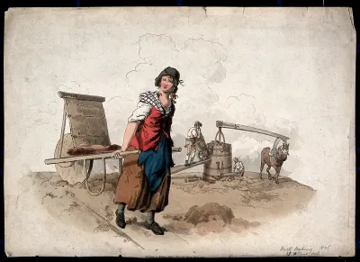 Brick-making: a young woman is pulling a large wheelbarrow full of clay while a boy tips a barrow load into a pug-mill, to which a horse is attached by a yoke
