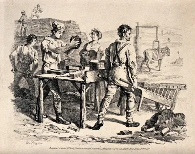 Brickmakers: one man working at a table while others prepare a kiln and dig the earth