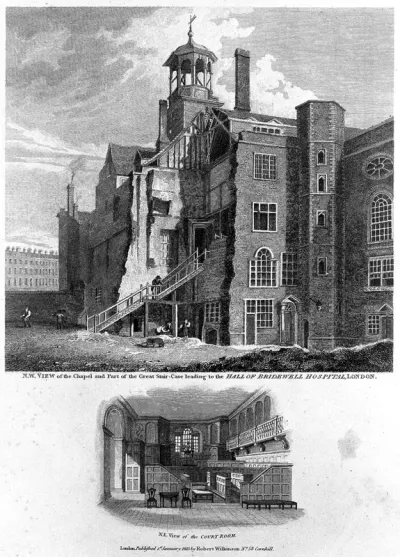 Bridewell Hospital: a ruined corner of the courtyard and staircase, with a vignette of a room