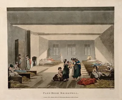 Bridewell Hospital, London: the interior of the pass-room with women and children, some lying on palliasses