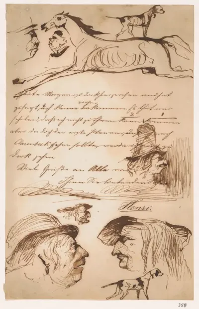 Brief met schetsen van koppen, honden en paard