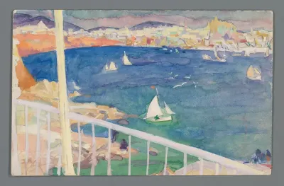 Briefkaart met een tekening van een baai op Mallorca