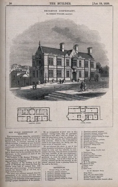 Brighton Dispensary: perspective and two floor plans