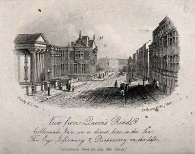 Brighton: the Queens Road, leading towards the sea with a view of the Eye Infirmary and the Dispensary
