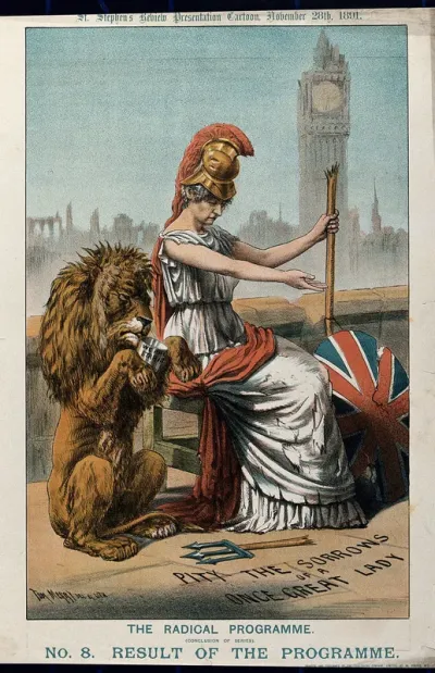 Britannia and her lion are begging on a bench on the Thames Embankment, impoverished by proposed Liberal reforms; beyond, the Palace of Westminster in ruins