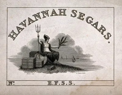 Britannia holding a trident in one hand and tobacco leaves in the other