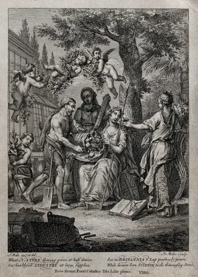 Britannia is seated under a tree, surrounded by Science and Industry and presented with a cornucopia by a man with a spade; representing Britain's wealth through science and industry